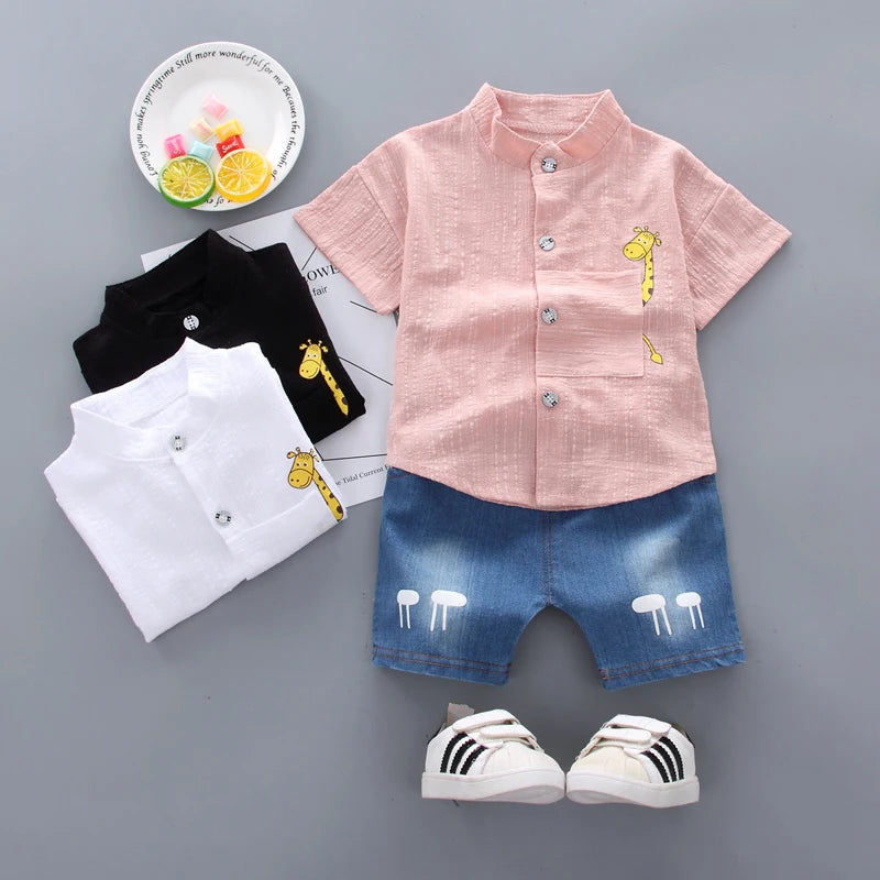 New Summer  Hot Sale Toddler Kids Baby Boys Shirt Cartoon Tops Denim Shorts Pants Outfits Set Baby Clothes