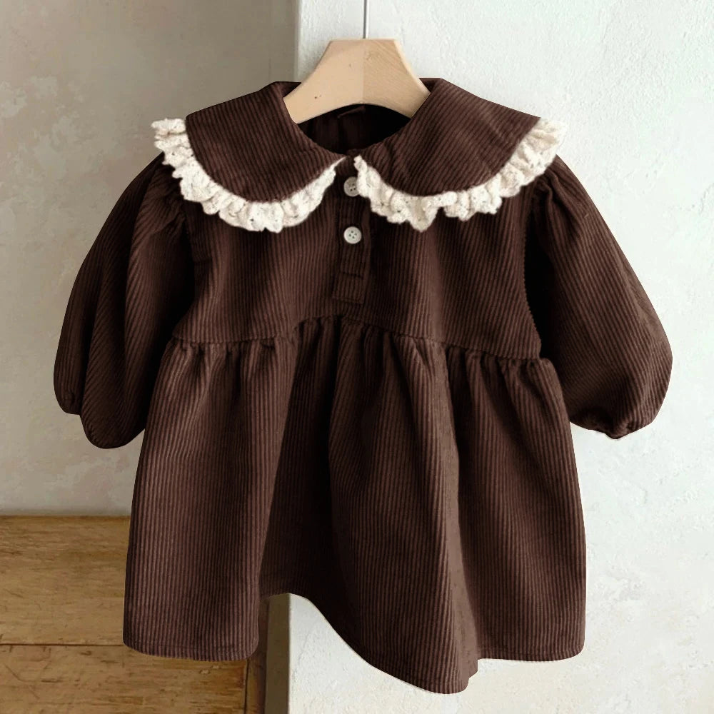 Spring Toddler Girl Dress Peter Pan Collar Full Sleeve Corduroy Dress for Kids