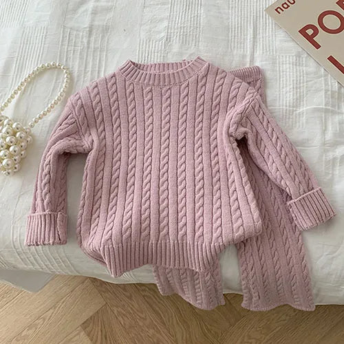 Kids Knitted Clothing Set Long Sleeved Solid Color Pullover Sweater+Pants Korean Style Baby Girl Clothes Suit