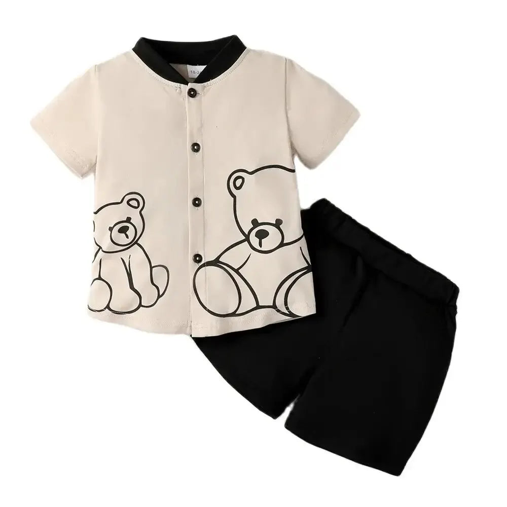 2PCS Child Boy Clothes Set Bear Print Button Style Short Sleeve Top+Shorts Fashion Birthday Party Outfit For Kid Boy 1-6 Years