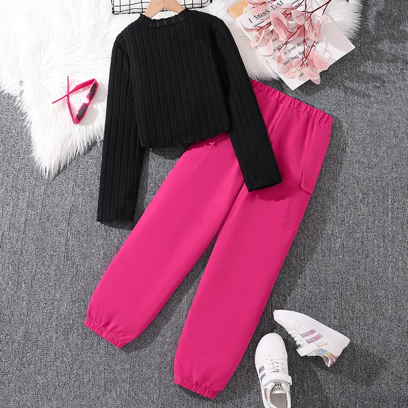 Children‘s Casual Clothing Outfits For Girls Black Pullover Hoodie And Rose Red Pants Sports Loose Comfortable Style Daily Suits