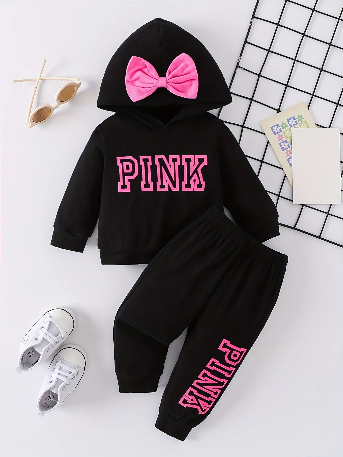 Toddler lively girl baby bow decorated alphabet printed toddler hooded top and trousers cotton baby set Spring and autumn