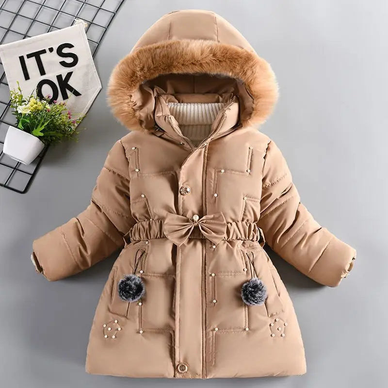 Girls Jacket Detachable Hat Plush Collar Hooded Padded Lining Coat For Kids Children