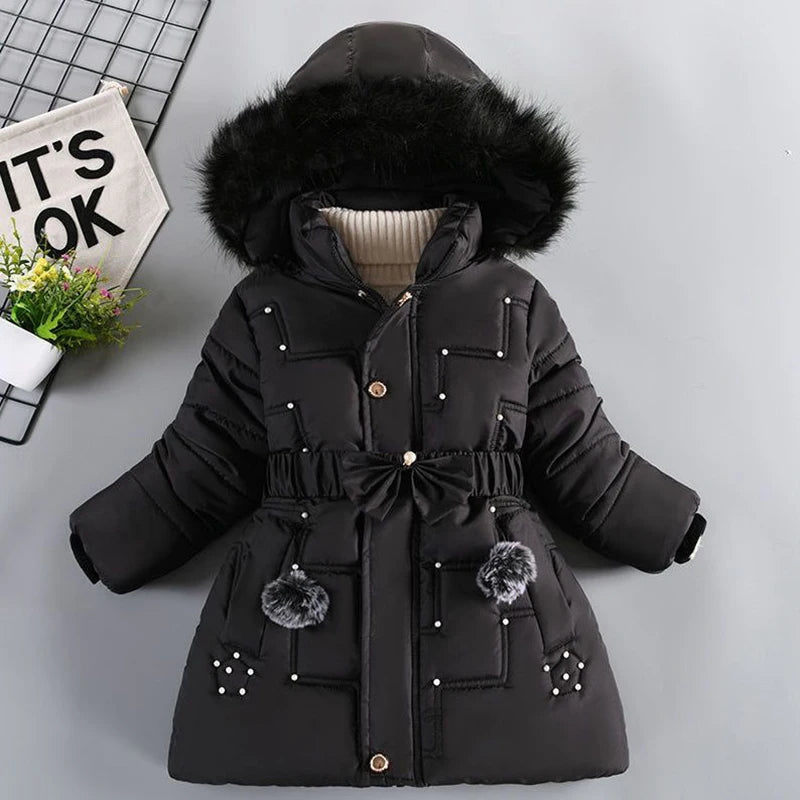 Girls Jacket Detachable Hat Plush Collar Hooded Padded Lining Coat For Kids Children