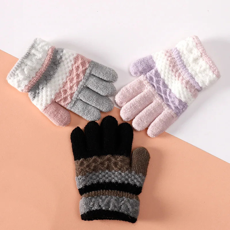 Autumn and Winter Children's Warm Gloves 3-8 Year Old Boys and Girls Thickened Striped Knitted Full Finger Gloves