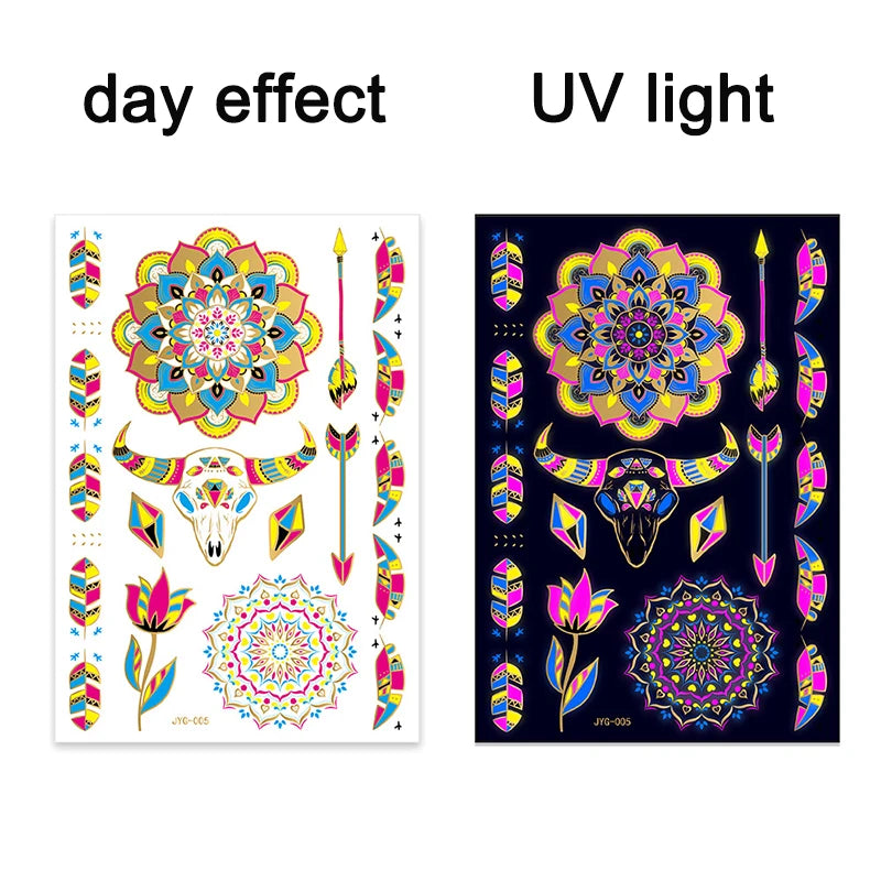 ملصقات وشم مؤقتة مضيئة بضوء الأشعة فوق البنفسجية، ملصقات وشم الثور الفلوري المقاومة للماء لفن الجسم