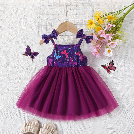 Summer New Girl's Cute Bow Suspender Patchwork Beautiful Mesh Fluffy Princess Dress