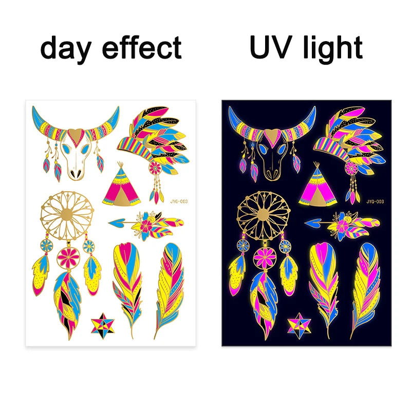 Fluorescent Sticker Luminous Temporary Tattoos Stickers UV Glow Fluorescent Bull Tattoo Waterproof For Body Art Decals