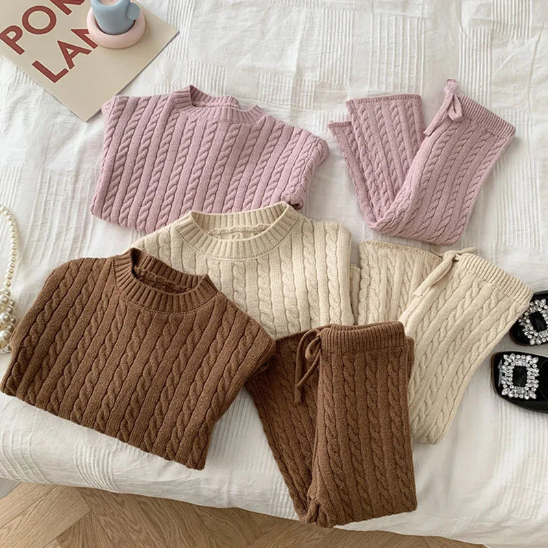 Kids Knitted Clothing Set Long Sleeved Solid Color Pullover Sweater+Pants Korean Style Baby Girl Clothes Suit