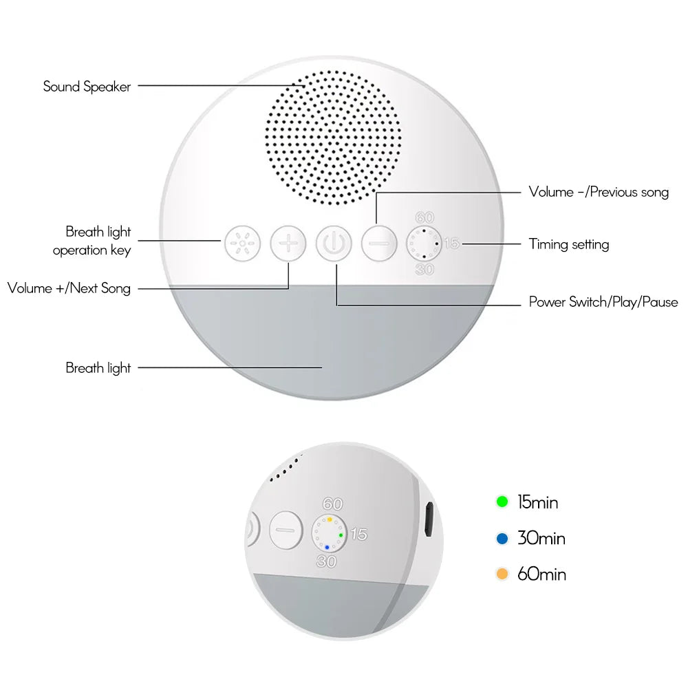 Baby White Noise Machine USB Rechargeable Timed Shutdown Sleep Machine Baby Sleep Sound Player Night Light Timer Noise Player