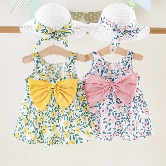 New Summer Girls A-Line Strapless Floral Print All Over Birthday Party Dress and Gift Hat Bowknot