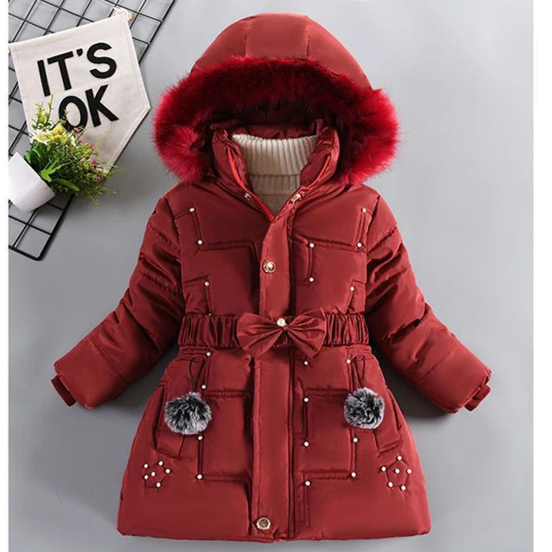 Girls Jacket Detachable Hat Plush Collar Hooded Padded Lining Coat For Kids Children