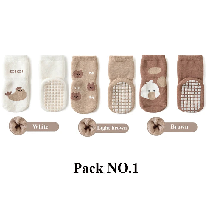 3 Pairs Winter Terry Fur Thicken Kids Newborn Baby Anti-slip Socks Cute Cartoon Floor Playing Plush Socks 0-5Y