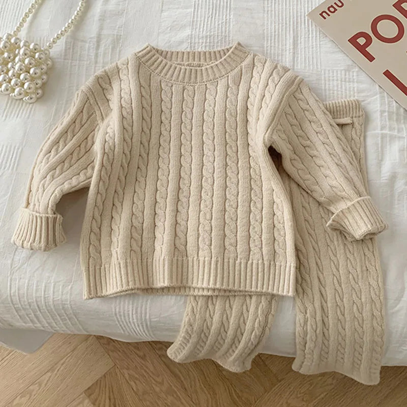 Kids Knitted Clothing Set Long Sleeved Solid Color Pullover Sweater+Pants Korean Style Baby Girl Clothes Suit