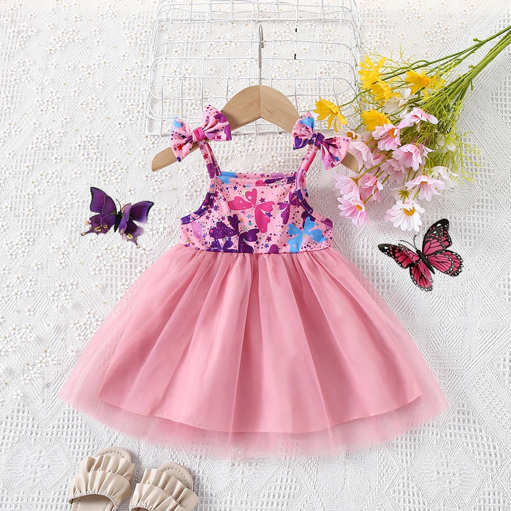 Summer New Girl's Cute Bow Suspender Patchwork Beautiful Mesh Fluffy Princess Dress