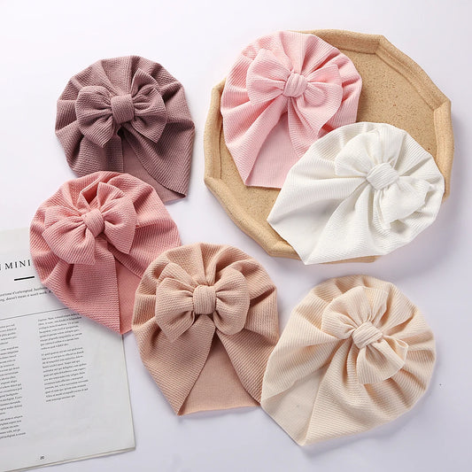 Solid Textured Ribbed Turban Baby Hats Bow