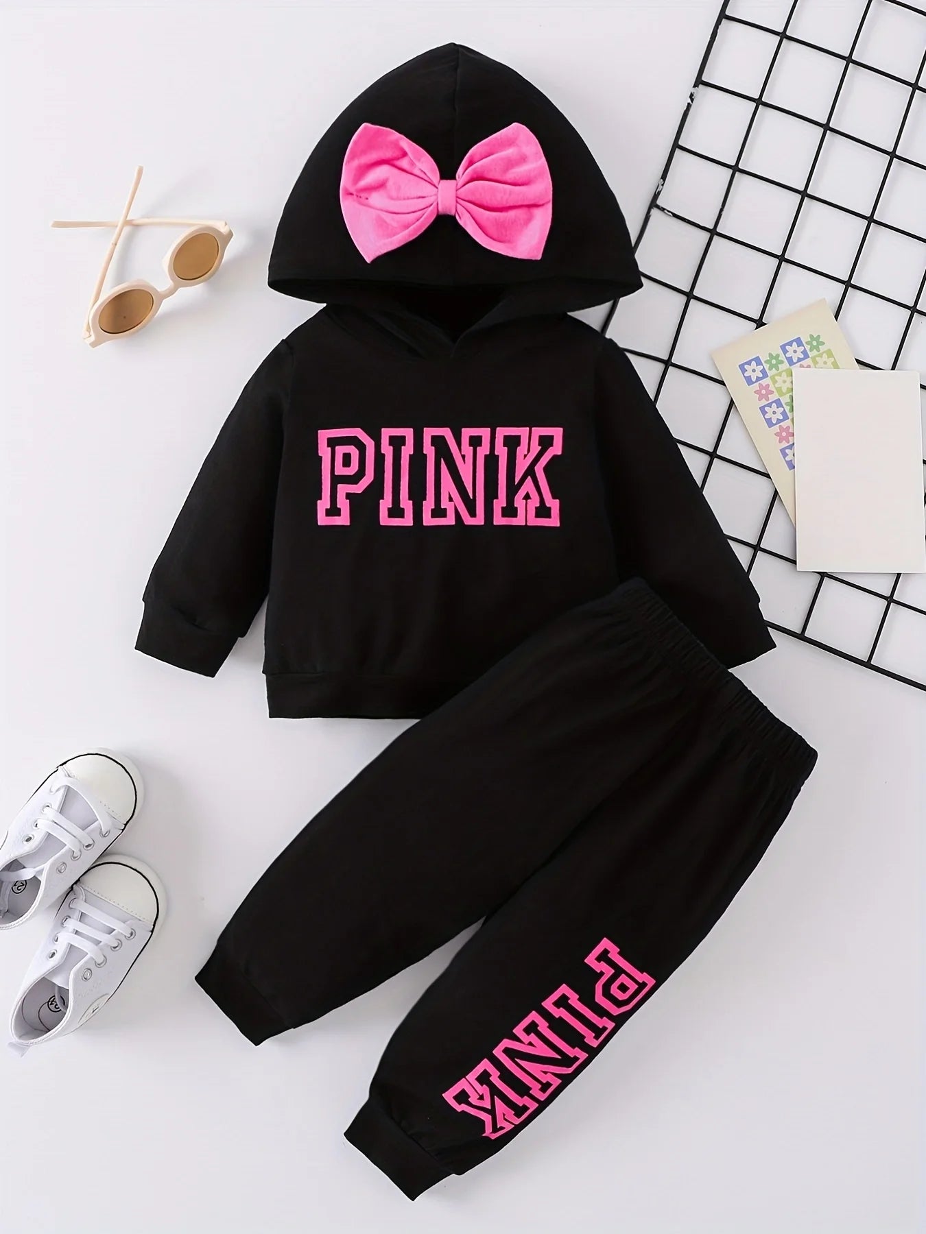 Toddler lively girl baby bow decorated alphabet printed toddler hooded top and trousers cotton baby set Spring and autumn