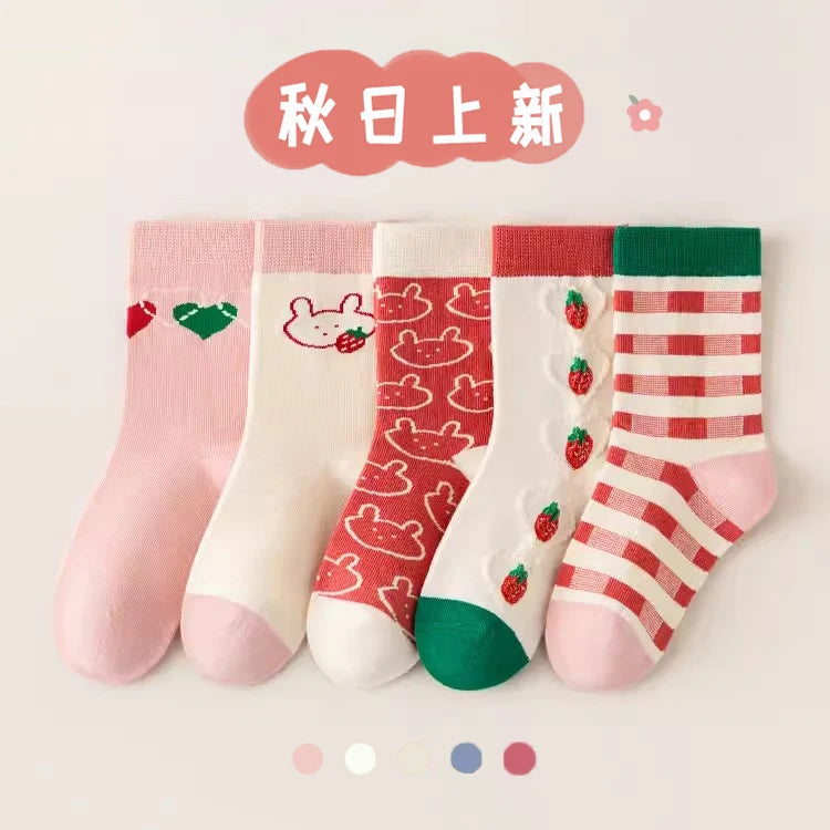 5Pairs 1-14Years Girl Cotton Mid-tube Socks Do Not Fade Coloful All-match Soft And Delicate Sports Socks Children Clothes Girl