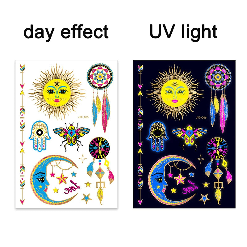 ملصقات وشم مؤقتة مضيئة بضوء الأشعة فوق البنفسجية، ملصقات وشم الثور الفلوري المقاومة للماء لفن الجسم
