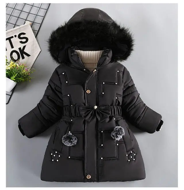 Girls Jacket Detachable Hat Plush Collar Hooded Padded Lining Coat For Kids Children