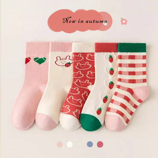 5Pairs 1-14Years Girl Cotton Mid-tube Socks Do Not Fade Coloful All-match Soft And Delicate Sports Socks Children Clothes Girl