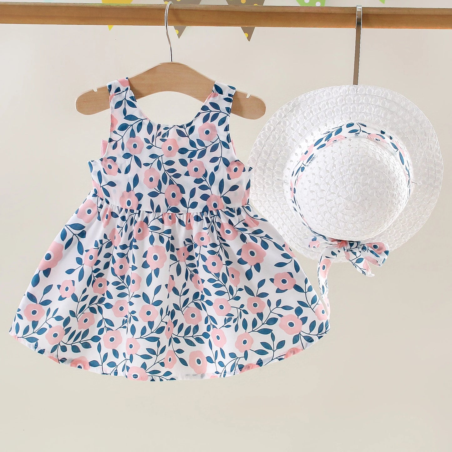 New Summer Girls A-Line Strapless Floral Print All Over Birthday Party Dress and Gift Hat Bowknot