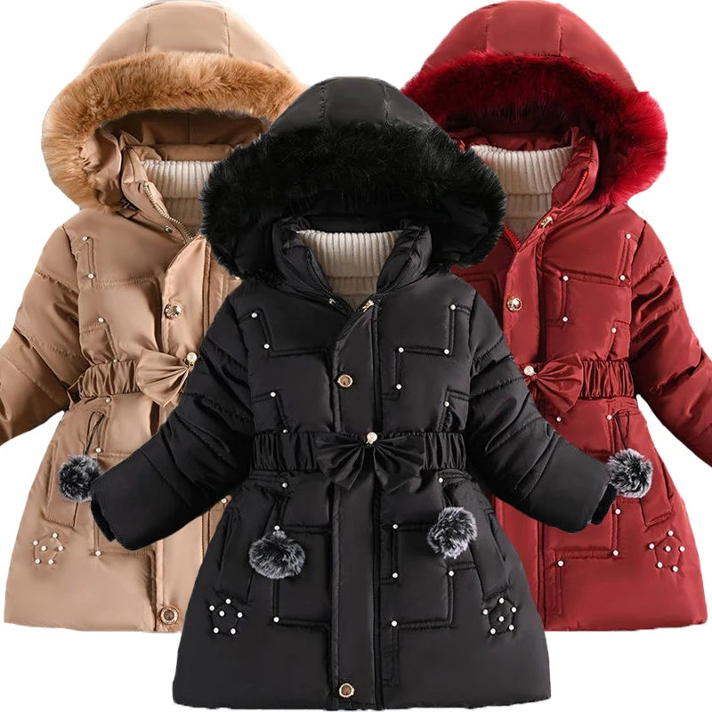 Girls Jacket Detachable Hat Plush Collar Hooded Padded Lining Coat For Kids Children