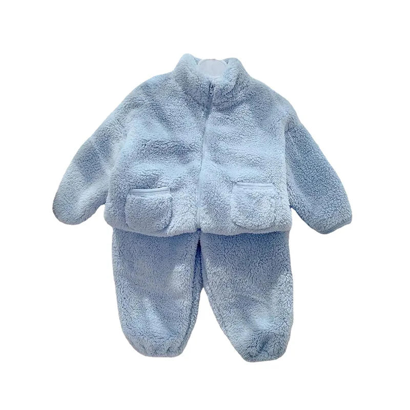 Fleece Kids Coat Pants 2pcs Fall Winter Baby Clothes Set Kids Loungewear Suit Home Korean Children Top and Bottom Set