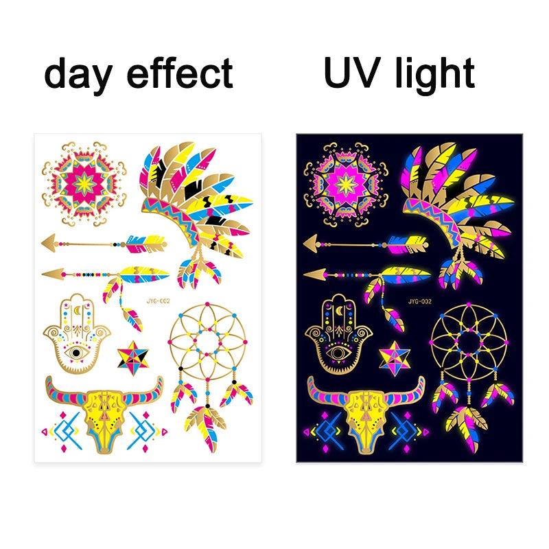 ملصقات وشم مؤقتة مضيئة بضوء الأشعة فوق البنفسجية، ملصقات وشم الثور الفلوري المقاومة للماء لفن الجسم