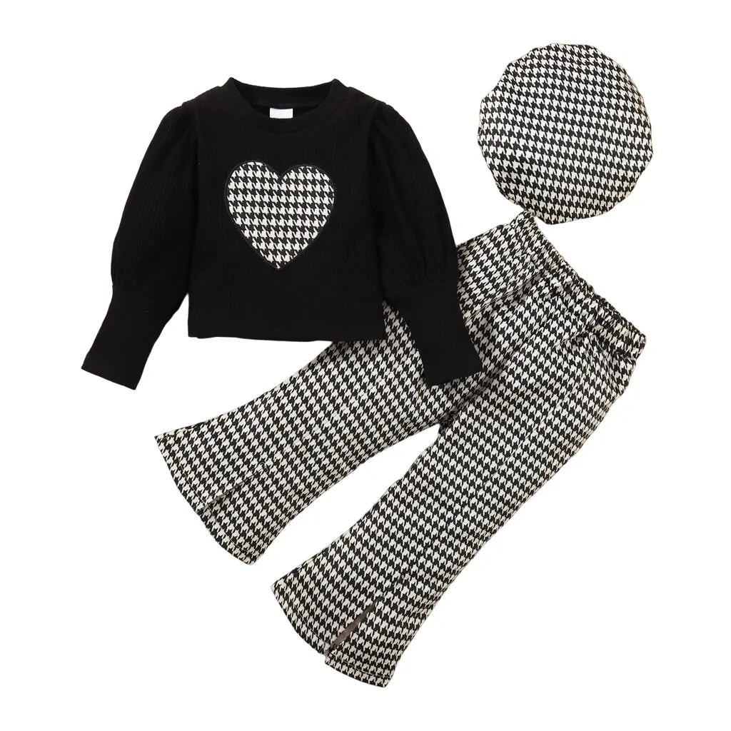 1-6 Year Kids Baby Girl Korean Style Clothes Set Love Heart Print Long Sleeve Top + Plaid Pants with Hat Fashion 3PCS Outfit