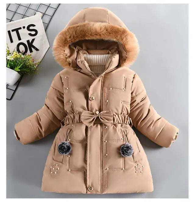 Girls Jacket Detachable Hat Plush Collar Hooded Padded Lining Coat For Kids Children