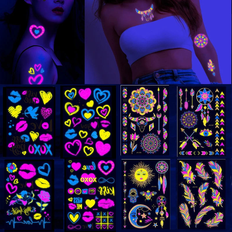 Fluorescent Sticker Luminous Temporary Tattoos Stickers UV Glow Fluorescent Bull Tattoo Waterproof For Body Art Decals