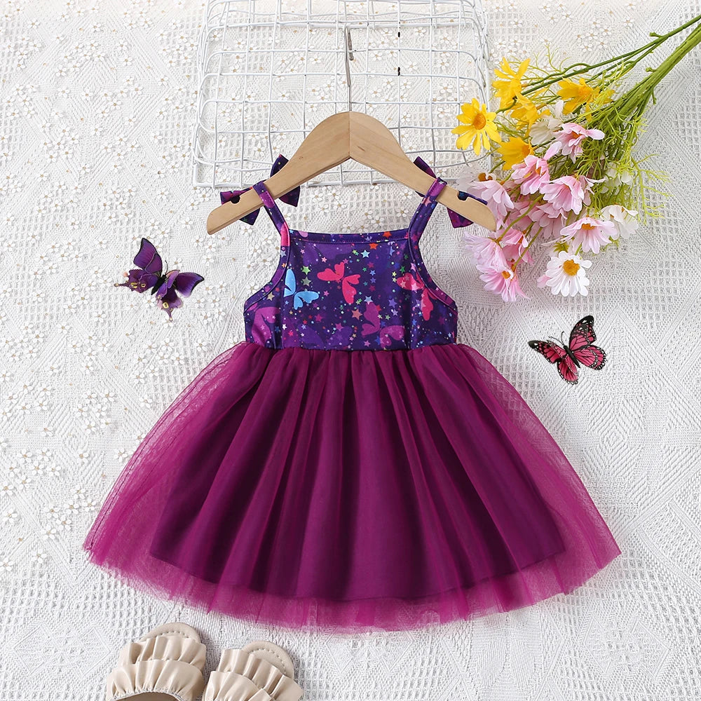 Summer New Girl's Cute Bow Suspender Patchwork Beautiful Mesh Fluffy Princess Dress