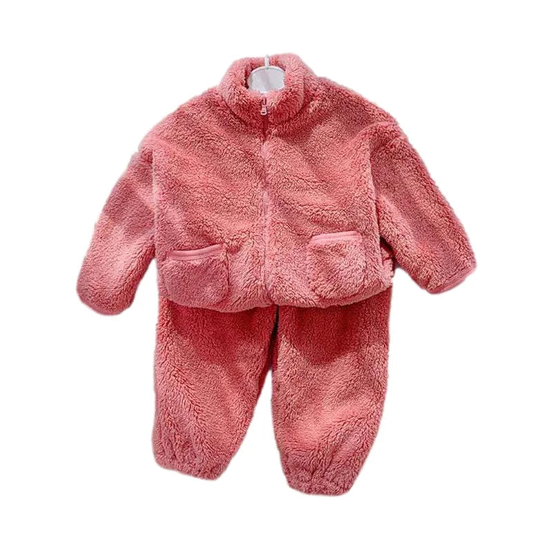 Fleece Kids Coat Pants 2pcs Fall Winter Baby Clothes Set Kids Loungewear Suit Home Korean Children Top and Bottom Set