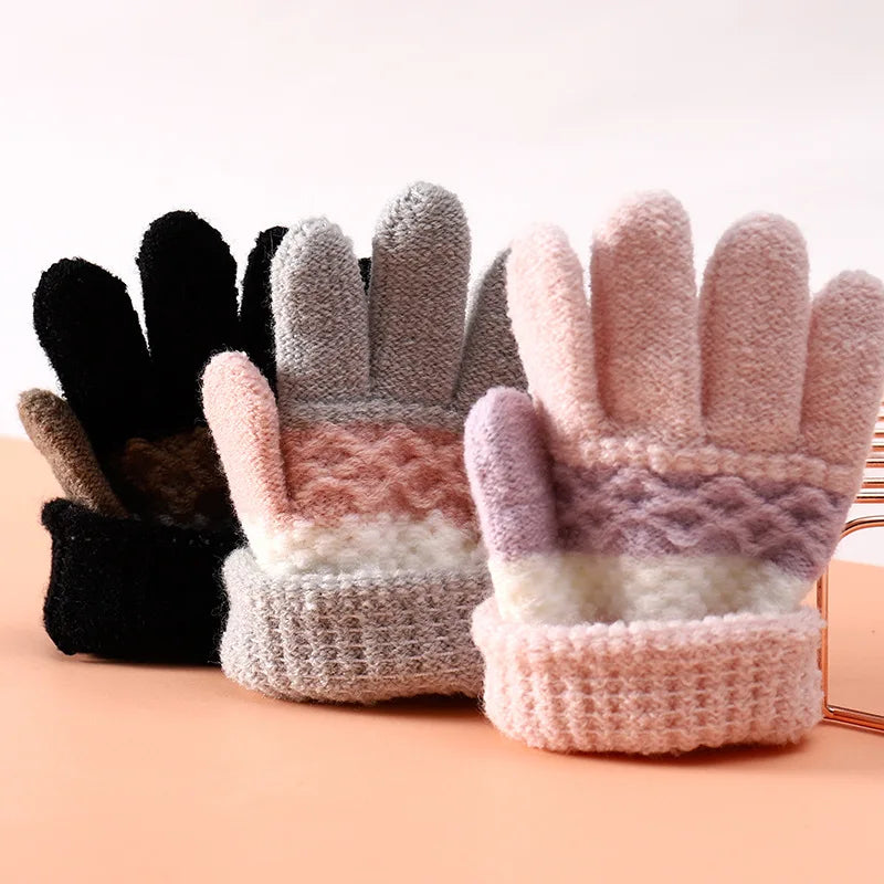 Autumn and Winter Children's Warm Gloves 3-8 Year Old Boys and Girls Thickened Striped Knitted Full Finger Gloves