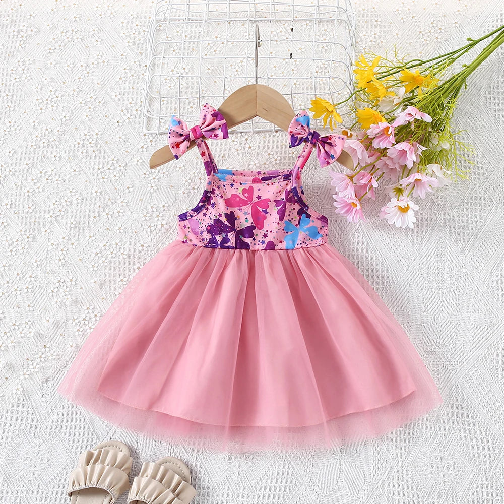 Baby Girls' Dress Summer New Fresh Mesh Girls' Dress Bow Printed Girl Baby Sleeveless Strap Dress (0-3 Years Old)