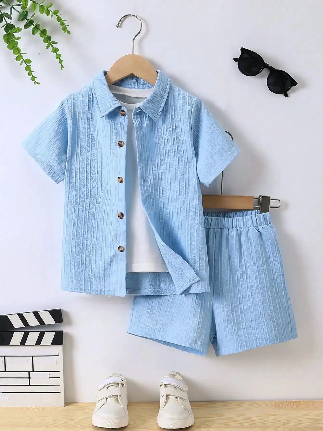 Summer Boys' Sets Blue Wave Shirt Shorts Casual Two-Piece Simple Kids Clothing