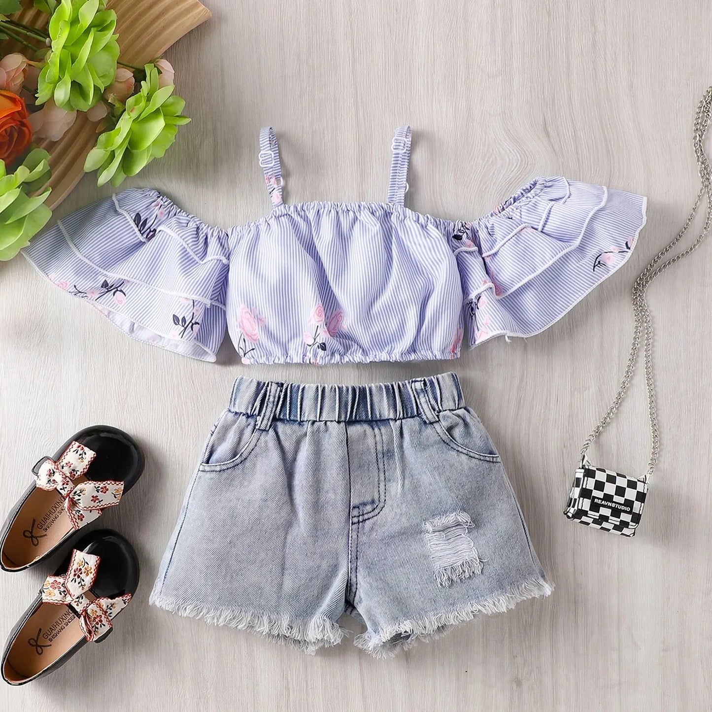 Summer 1-5 Years Old Baby Girl Cute Casual Light Purple Printed Suspender Vest Strap Top+Denim Shorts Set