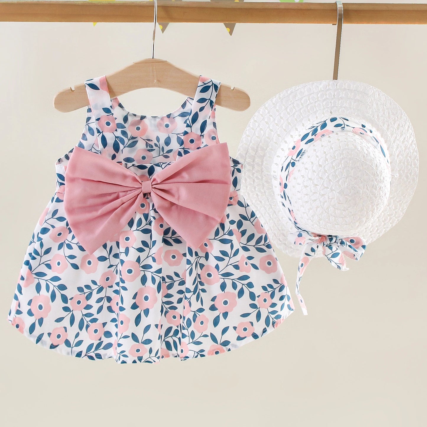 New Summer Girls A-Line Strapless Floral Print All Over Birthday Party Dress and Gift Hat Bowknot