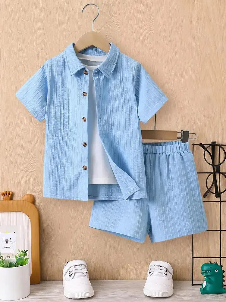 Summer Boys' Sets Blue Wave Shirt Shorts Casual Two-Piece Simple Kids Clothing