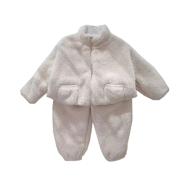 Fleece Kids Coat Pants 2pcs Fall Winter Baby Clothes Set Kids Loungewear Suit Home Korean Children Top and Bottom Set