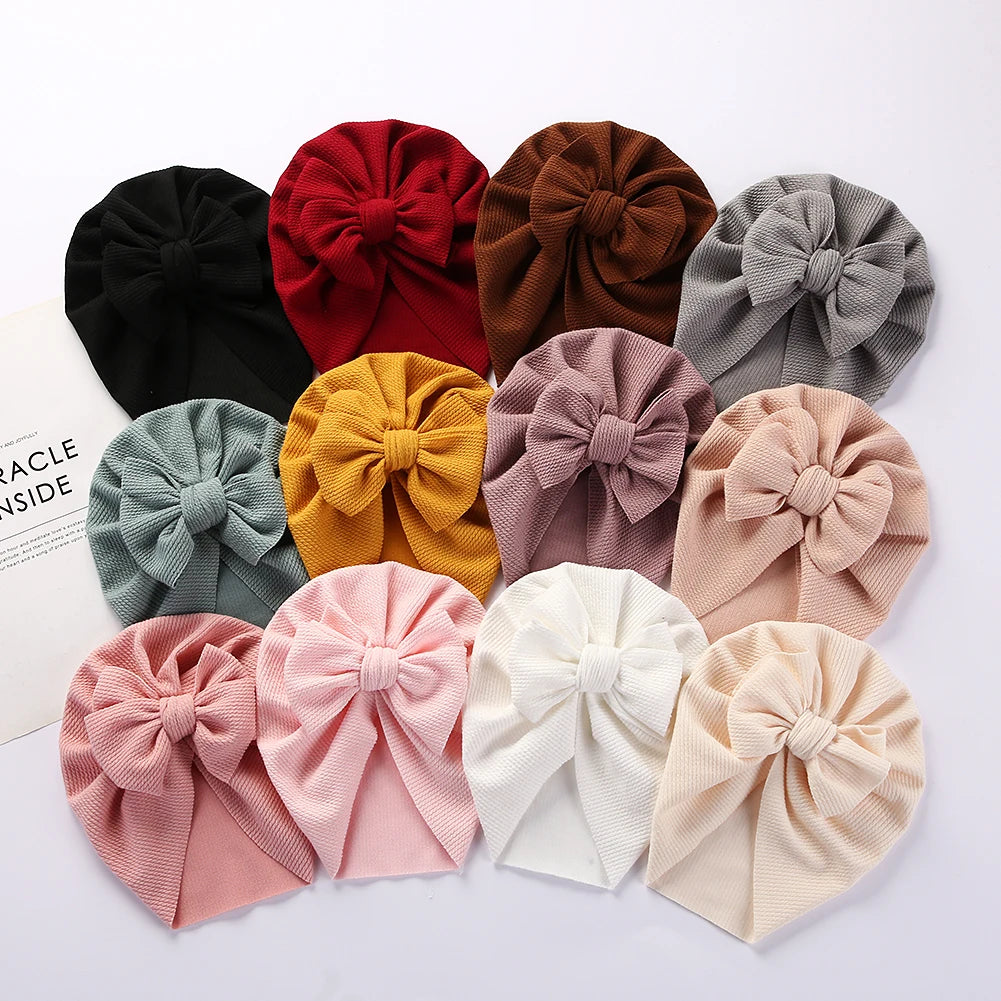 Solid Textured Ribbed Turban Baby Hats Bow