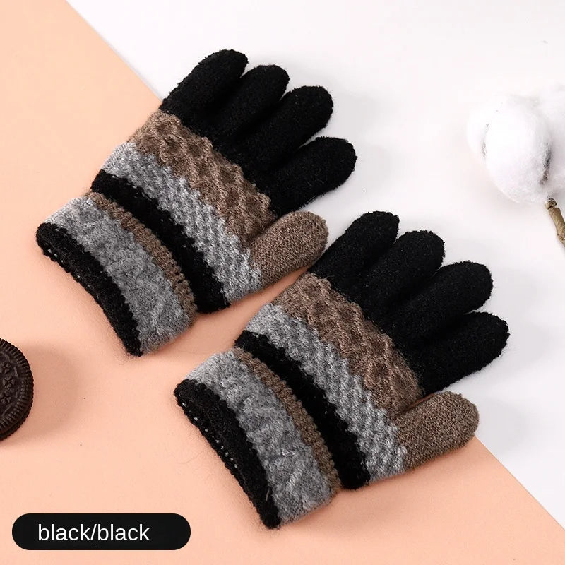 Autumn and Winter Children's Warm Gloves 3-8 Year Old Boys and Girls Thickened Striped Knitted Full Finger Gloves