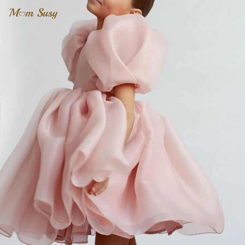 Fashion Girl Princess Vintage Dress Tulle Child Vestido Puff Sleeve Pink Wedding Party Birthday Tutu Dress