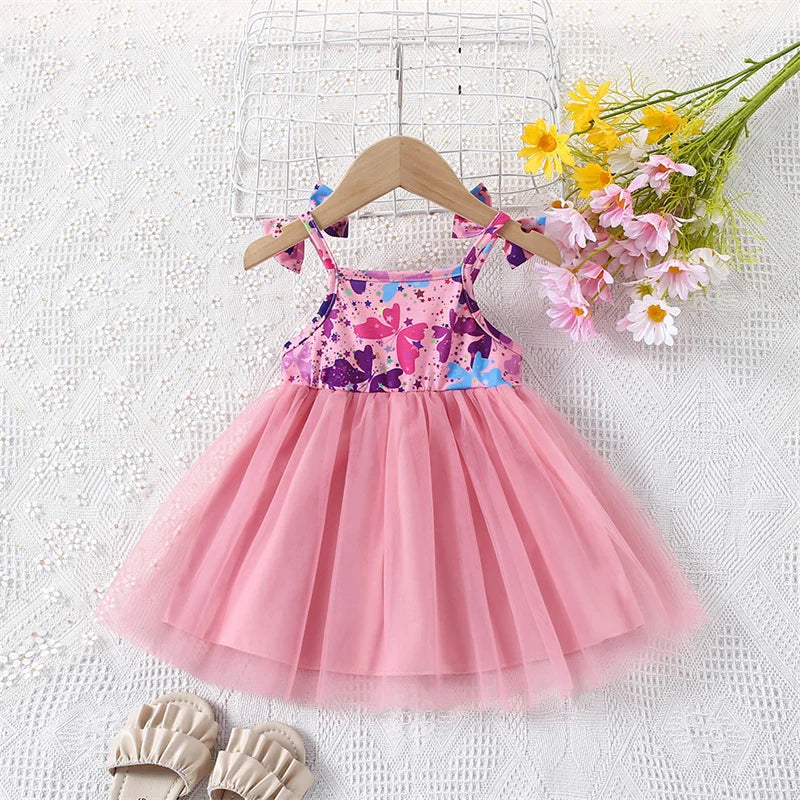 Baby Girls' Dress Summer New Fresh Mesh Girls' Dress Bow Printed Girl Baby Sleeveless Strap Dress (0-3 Years Old)