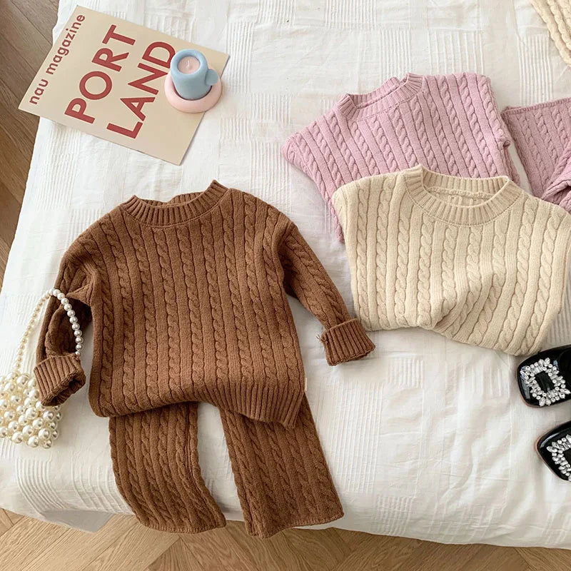 Kids Knitted Clothing Set Long Sleeved Solid Color Pullover Sweater+Pants Korean Style Baby Girl Clothes Suit