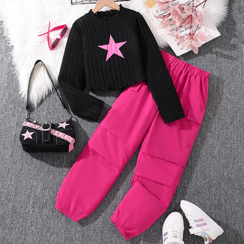 Children‘s Casual Clothing Outfits For Girls Black Pullover Hoodie And Rose Red Pants Sports Loose Comfortable Style Daily Suits