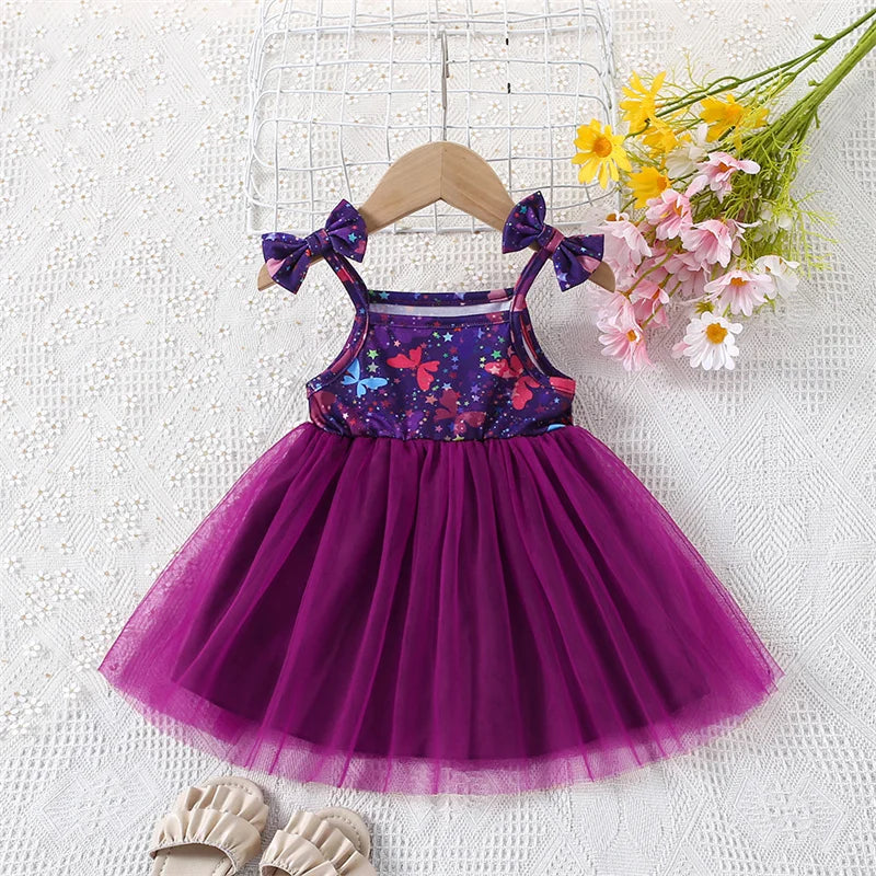 Baby Girls' Dress Summer New Fresh Mesh Girls' Dress Bow Printed Girl Baby Sleeveless Strap Dress (0-3 Years Old)