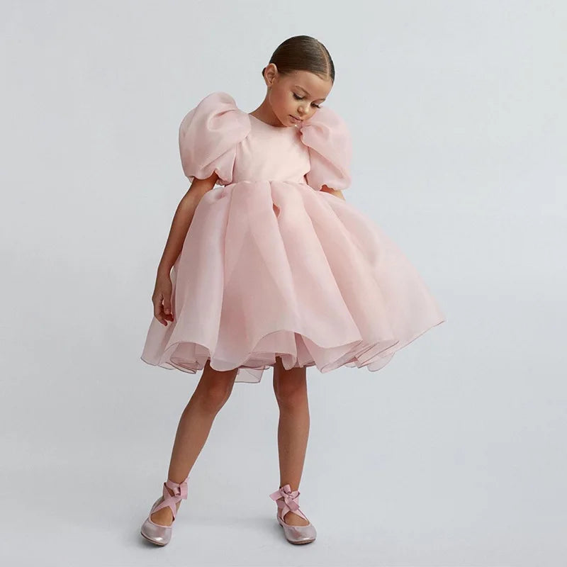 Fashion Girl Princess Vintage Dress Tulle Child Vestido Puff Sleeve Pink Wedding Party Birthday Tutu Dress