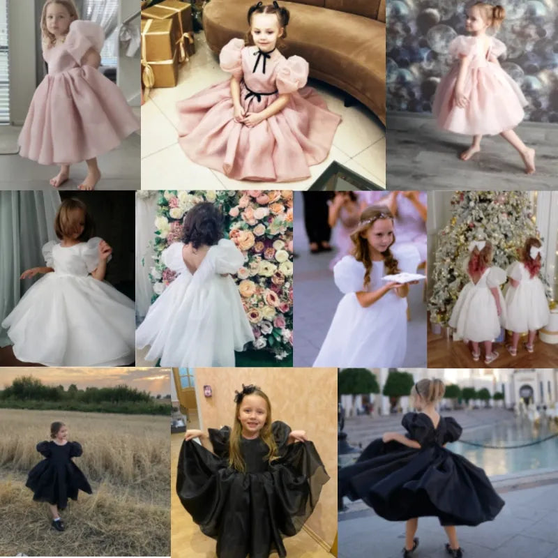 Fashion Girl Princess Vintage Dress Tulle Child Vestido Puff Sleeve Pink Wedding Party Birthday Tutu Dress